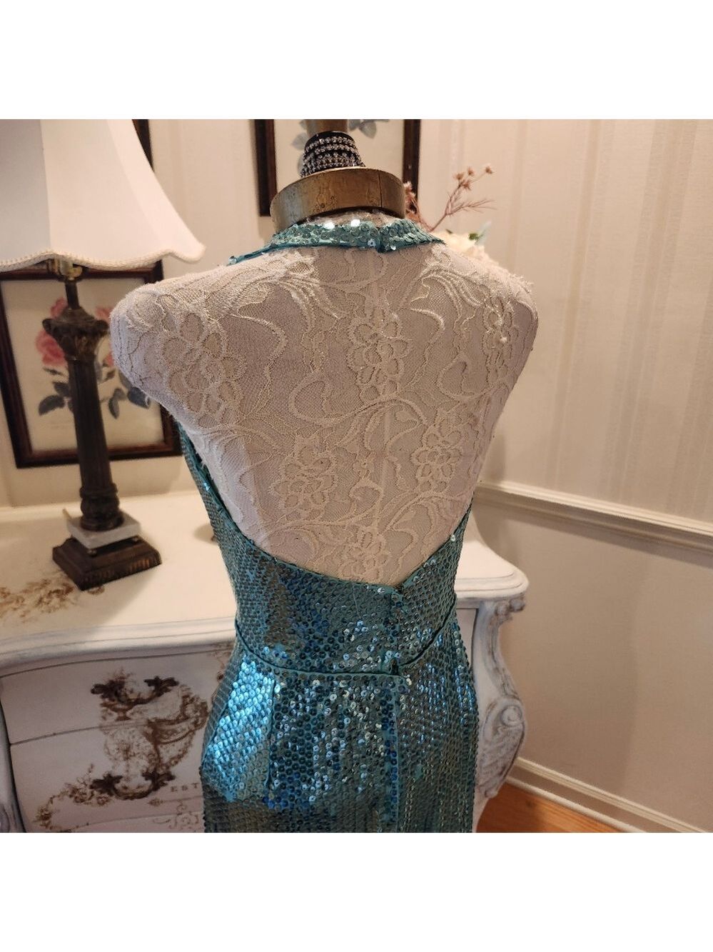Vintage Lillie Rubin Liquid Sequin Seafoam Green Evening Dress Gown 8 - Picture 11 of 12